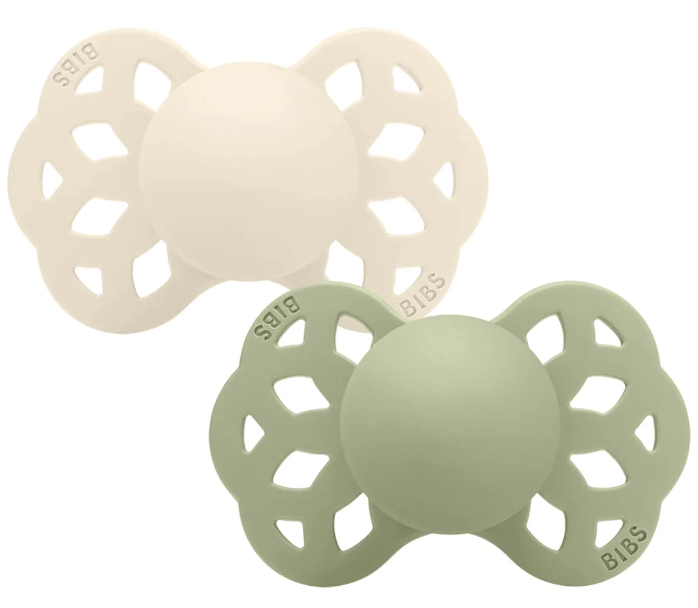 Set 2 suzete simetrice din silicon BIBS Infinity Ivory/Sage (6-18 luni)