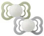 Set 2 suzete simetrice fosforescente din silicon BIBS Supreme Glow Sage/Cloud (0-6 luni)