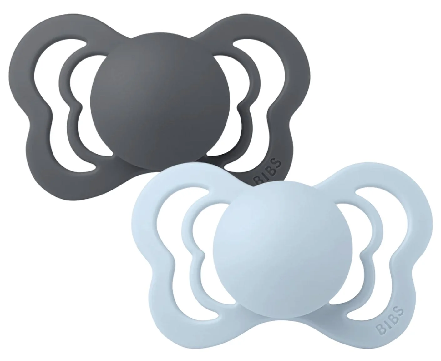 Set 2 suzete anatomice din silicon BIBS Couture Iron/Baby Blue (0-6 luni)