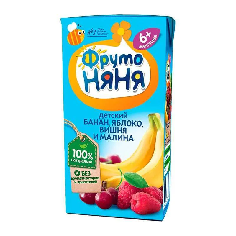 Suc ФрутоНяня din banane, mere, cirese si zmeura (6+ luni), 200 ml