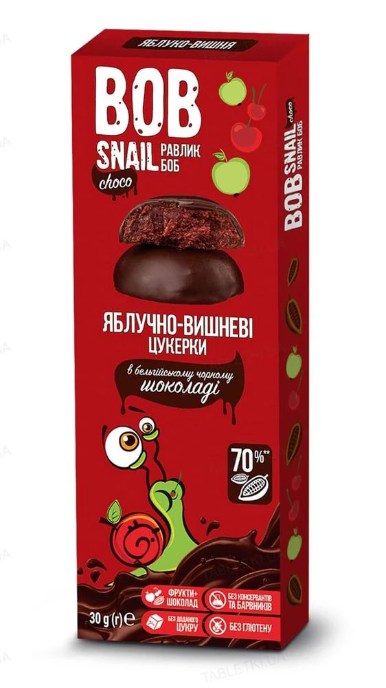 Bomboane naturale Bob Snail de mere si visine in ciocolata neagra belgiana, 30 g