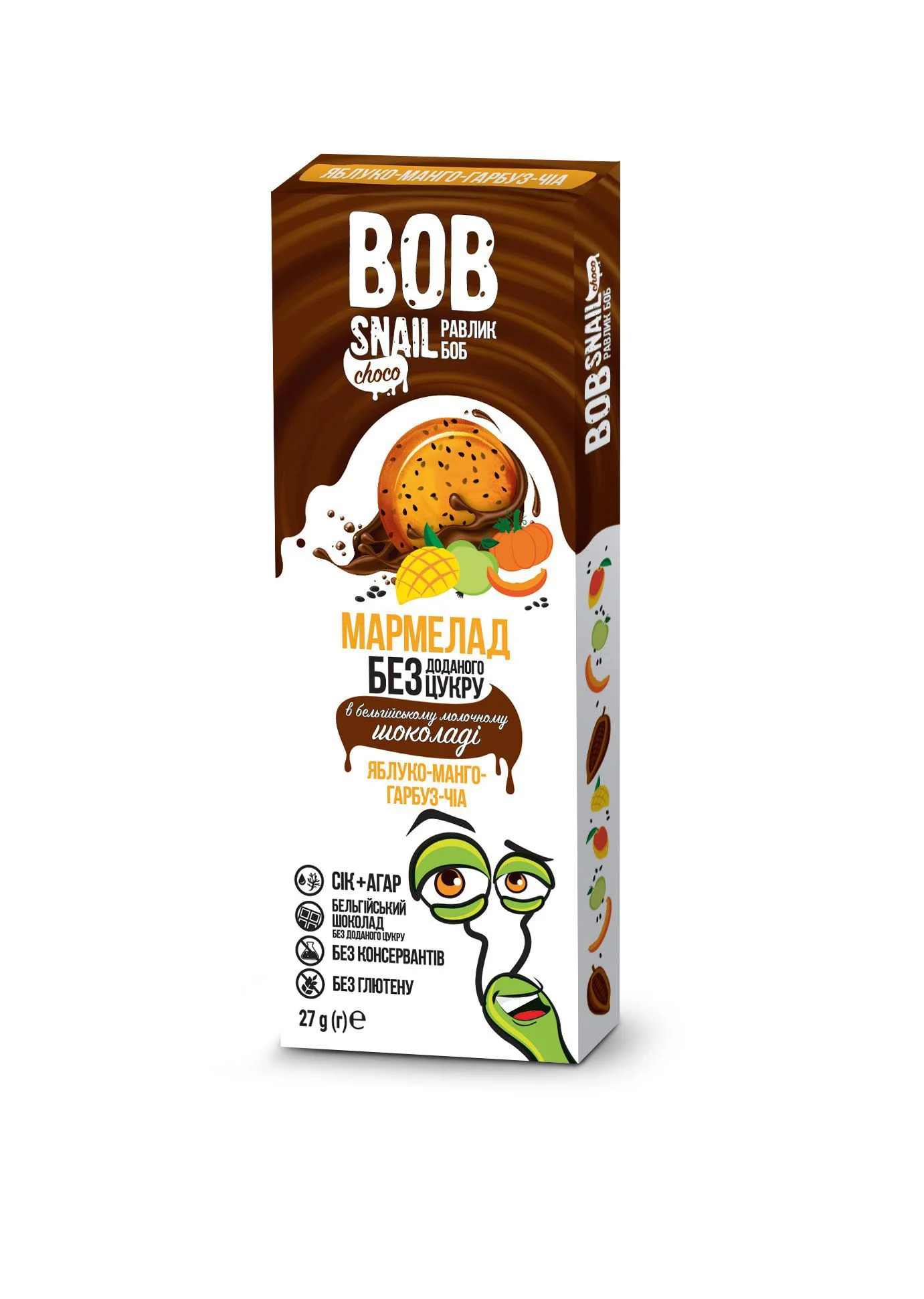 Marmelada Bob Snail de mere, mango, dovleac si chia cu ciocolata belgiana, 27 g