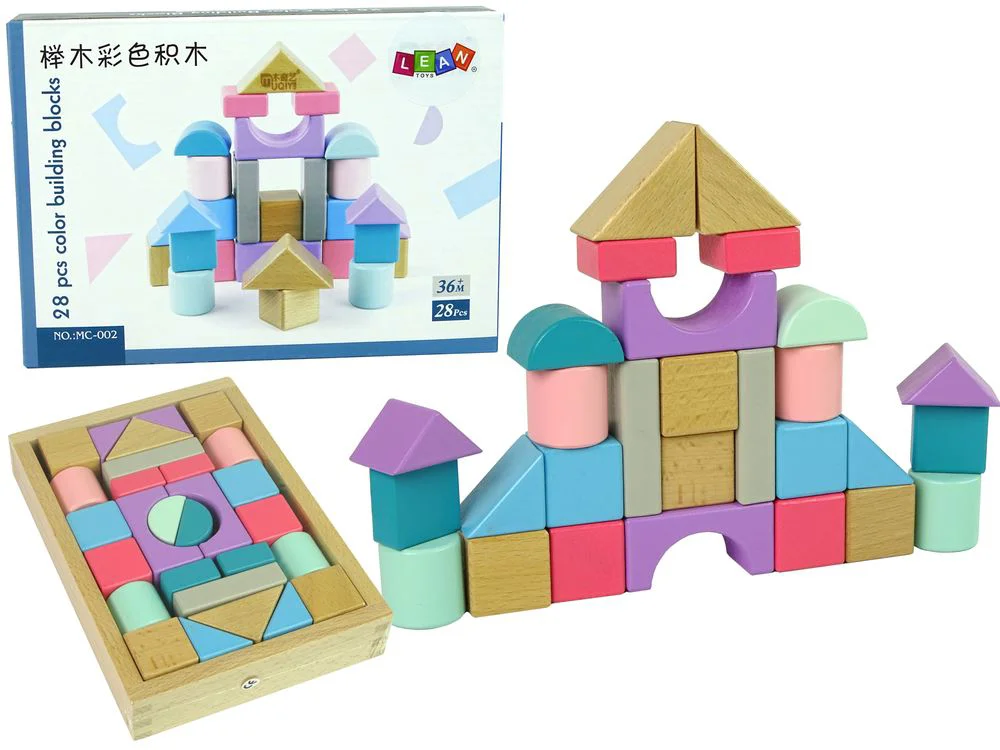 Set din blocuri de lemn Lean Toys Castel colorat, 28 el.
