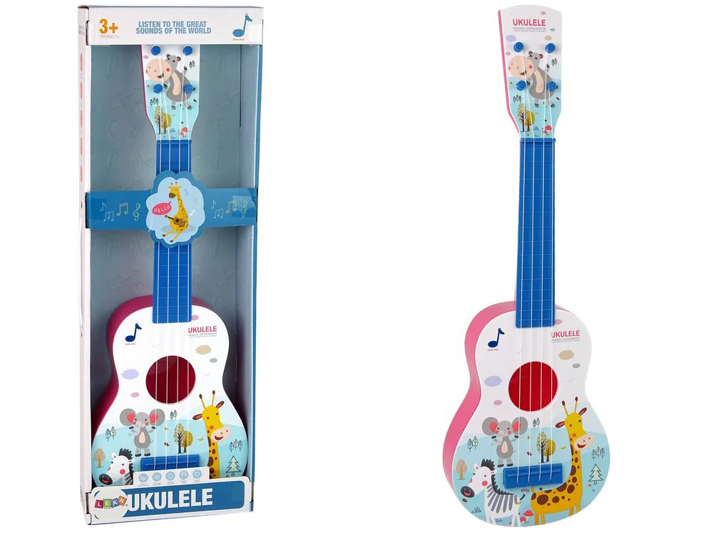 Chitara de jucarie Lean Toys Ukulele roz cu imagini de animale