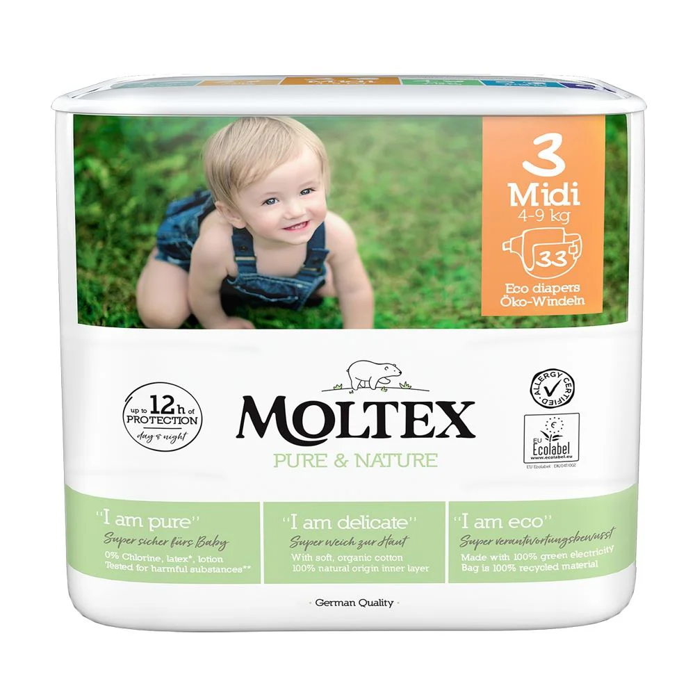 Scutece eco hipoalergice Moltex Nature Midi 3 (4-9 kg), 33 buc.