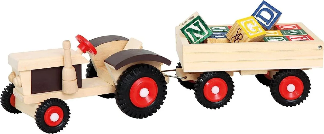 Jucarie din lemn Bino Tractor cu remorca si cuburi