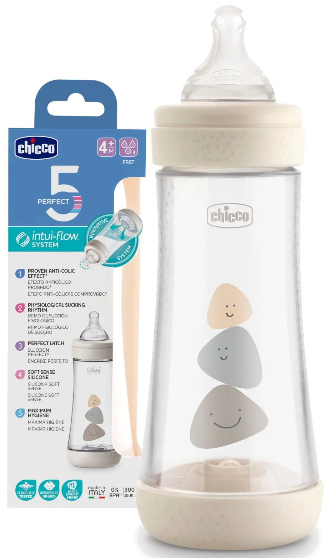 Пластиковая бутылочка с силиконовым соском Chicco Perfect 5 Уни, 300 мл