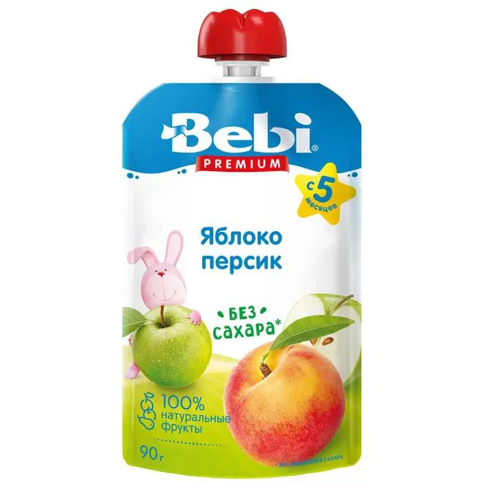 Пюре Bebi Premium яблоко-персик (5+мес), 90г