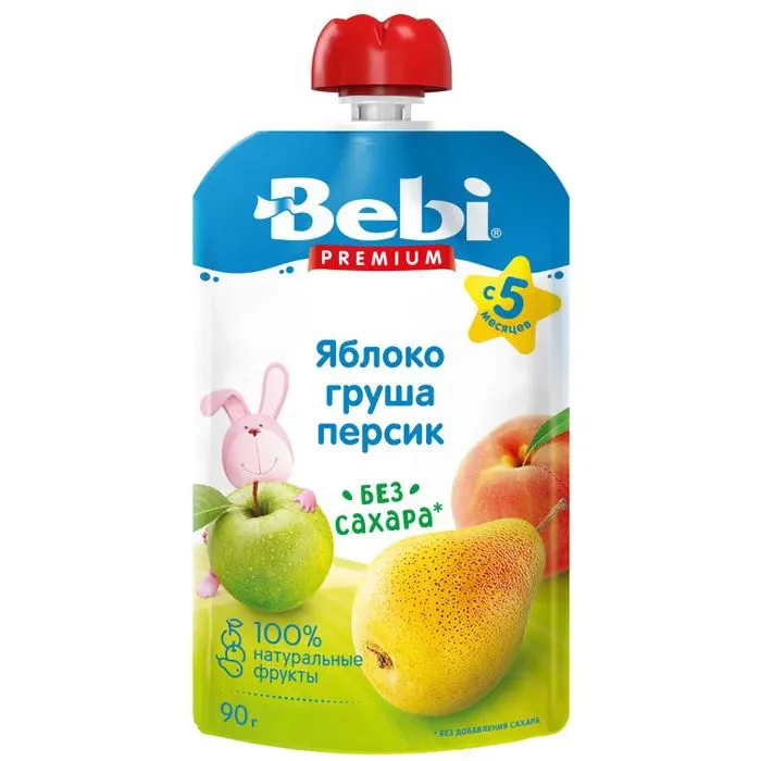 Пюре Bebi Premium яблоко-груша-персик (5+мес), 90г