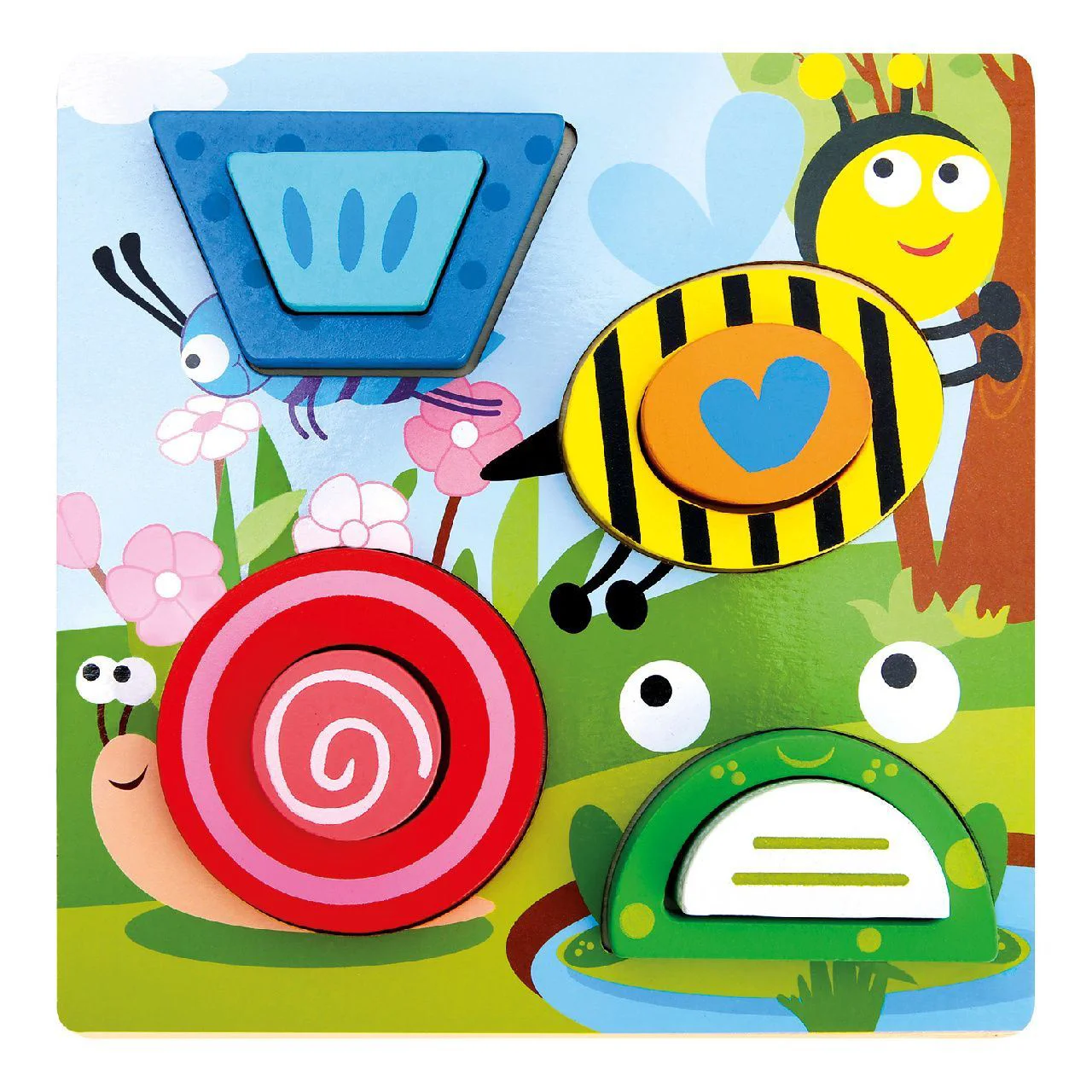 Puzzle educativ din lemn, Vietati Iaz, 18x18x2,5 cm, 9 piese