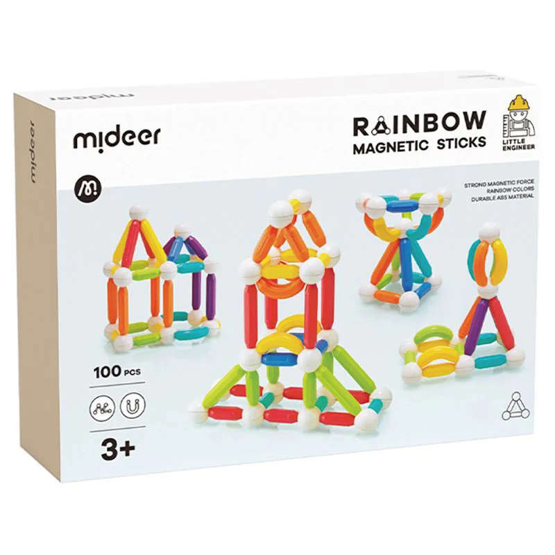 Set de constructie magnetic Mideer Cilindri in culori de curcubeu, 100 piese
