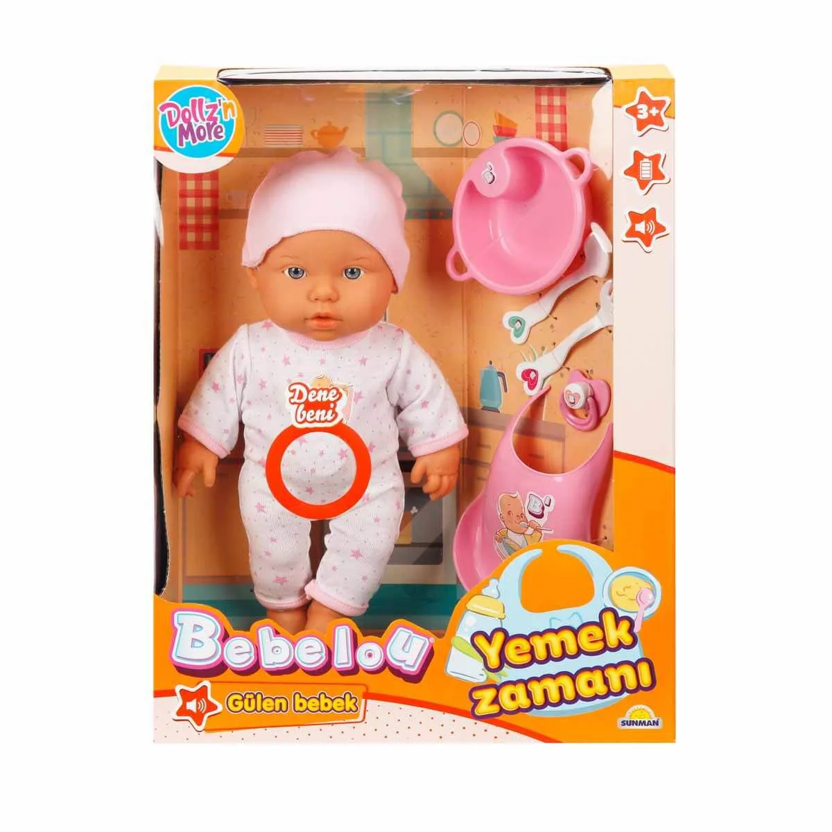 Papusa bebelus Dollz n More Bebelo Lunch Time, cu sunete si accesorii, 35 cm