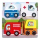 Puzzle educativ din lemn, Vehicule de salvare, 18x18x1,5 cm, 13 piese