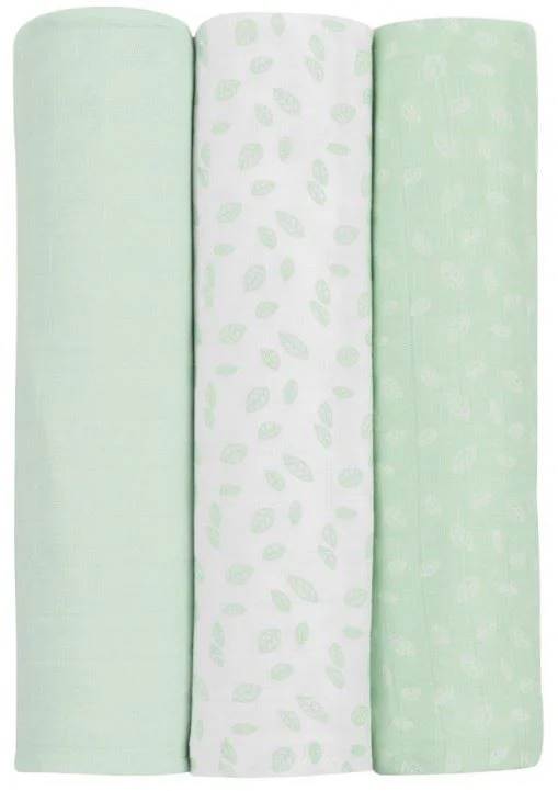 Pelinci de muselina KikkaBoo Swaddle Leaves Mint, 100x100 cm, 3 buc.