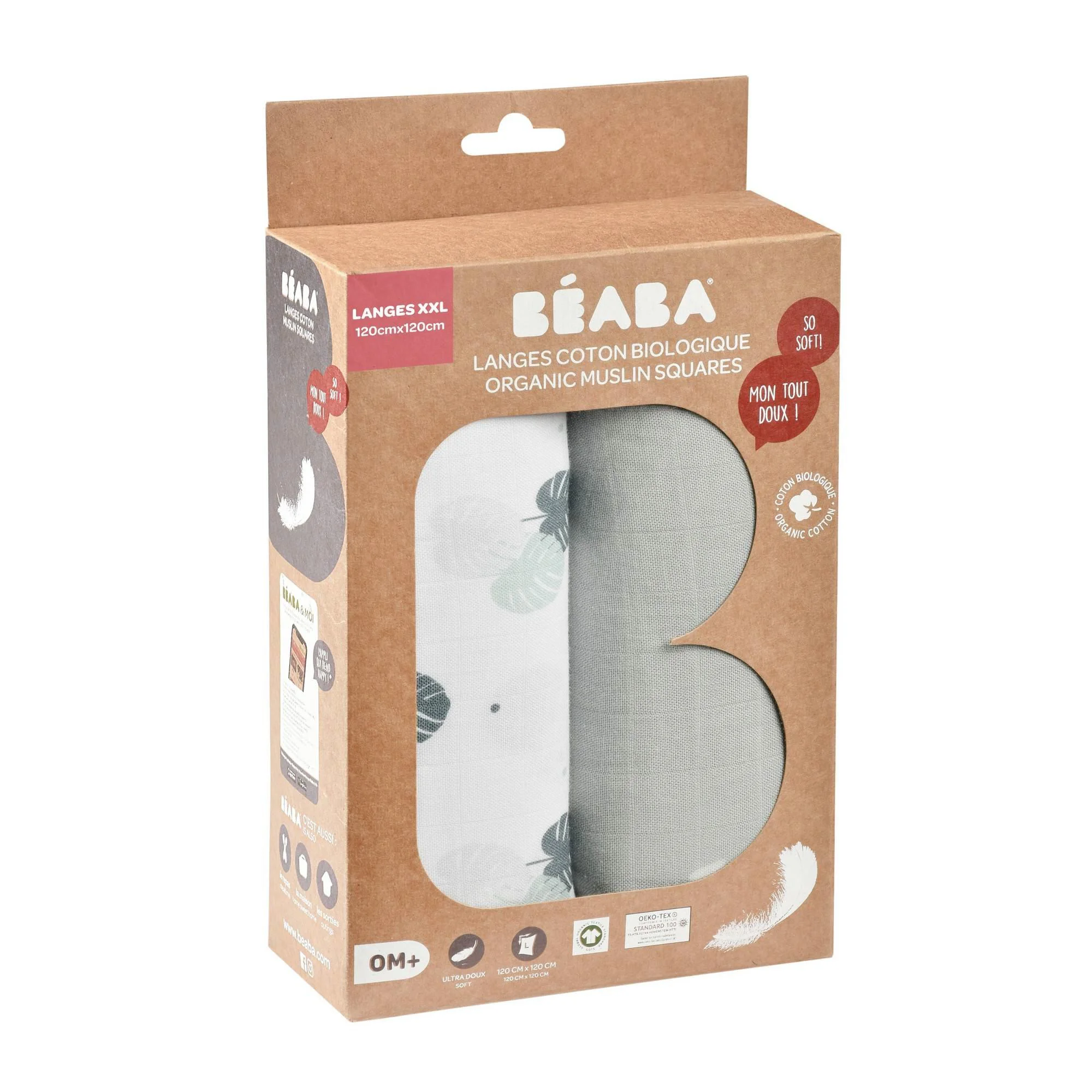 image for Муслиновые пеленки Beaba Mirage Grey/Jungle, 120x120 см, 2 шт. foto