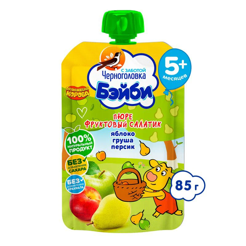 Пюре Черноголовка из яблок груш и персиков (5+мес.), 85 г.