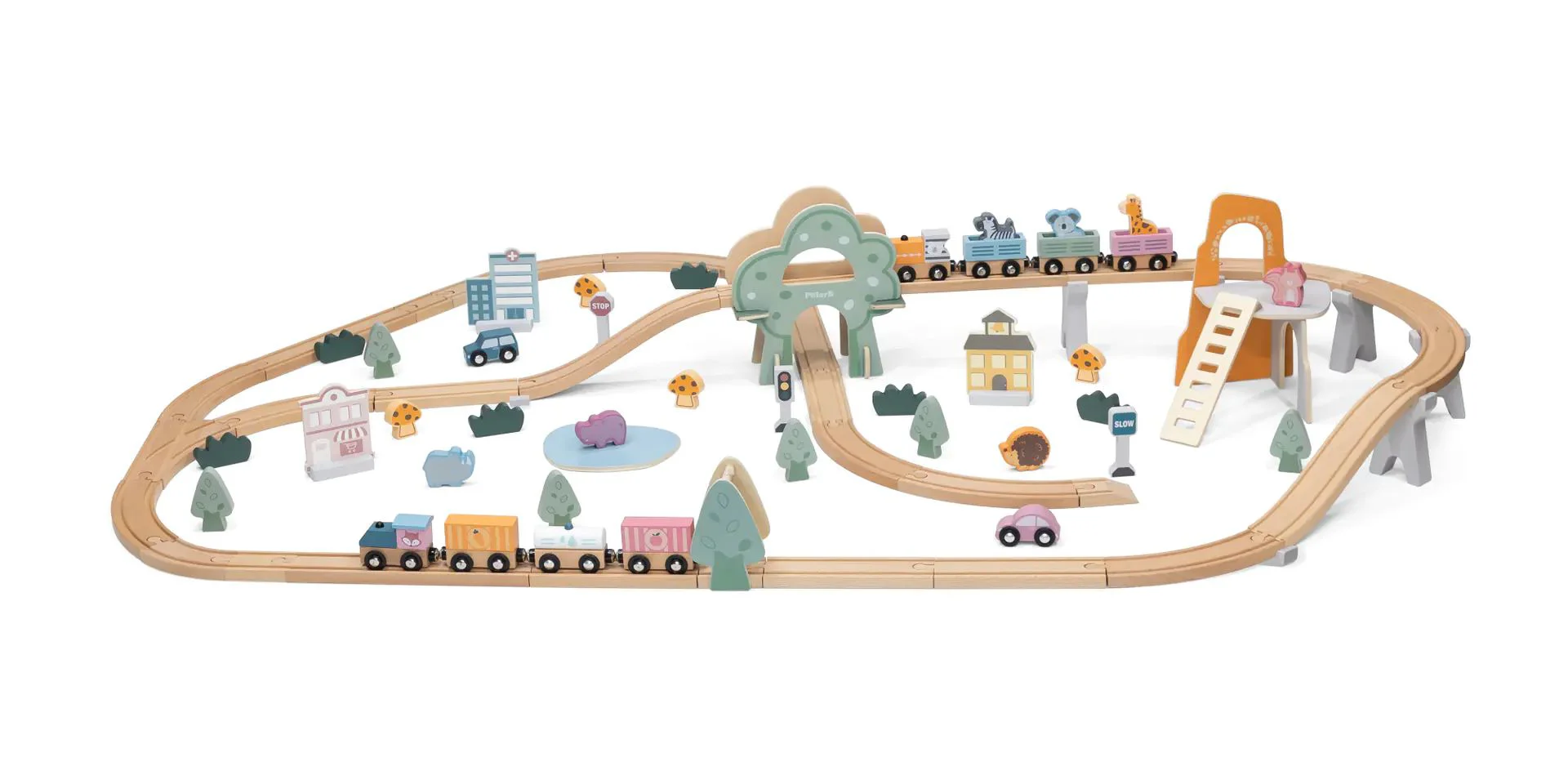 Calea ferata din lemn cu tren si accesorii Viga Toys, 90 piese