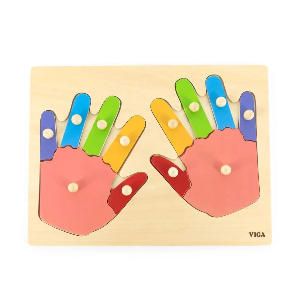 Puzzle din lemn cu buton Viga Toys Degetele si manutele, 12 piese