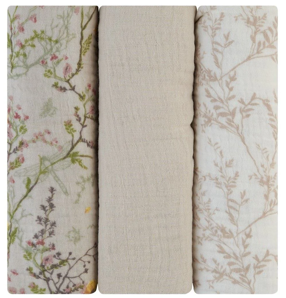 Pelinci de muselina KikkaBoo Secret Garden Beige, 75x75 cm, 3 buc.