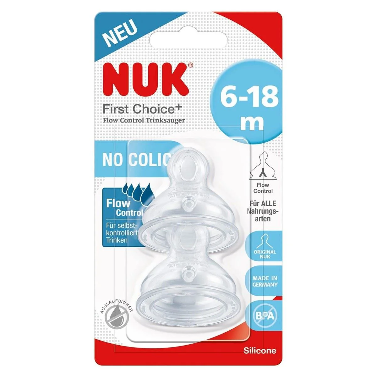 Tetina din silicon NUK First Choice, flux variabil (6-18 luni), 2 buc.