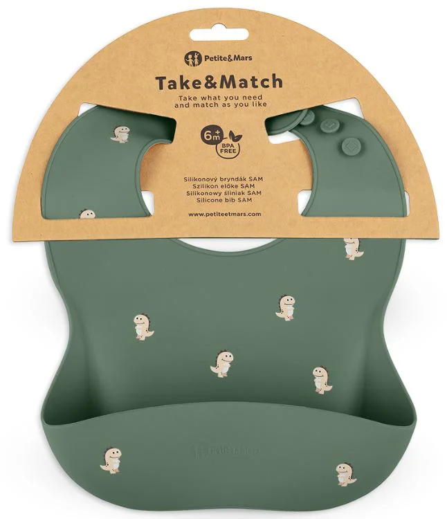 Baveta moale din silicon Petite&Mars Take&Match Green Dinos