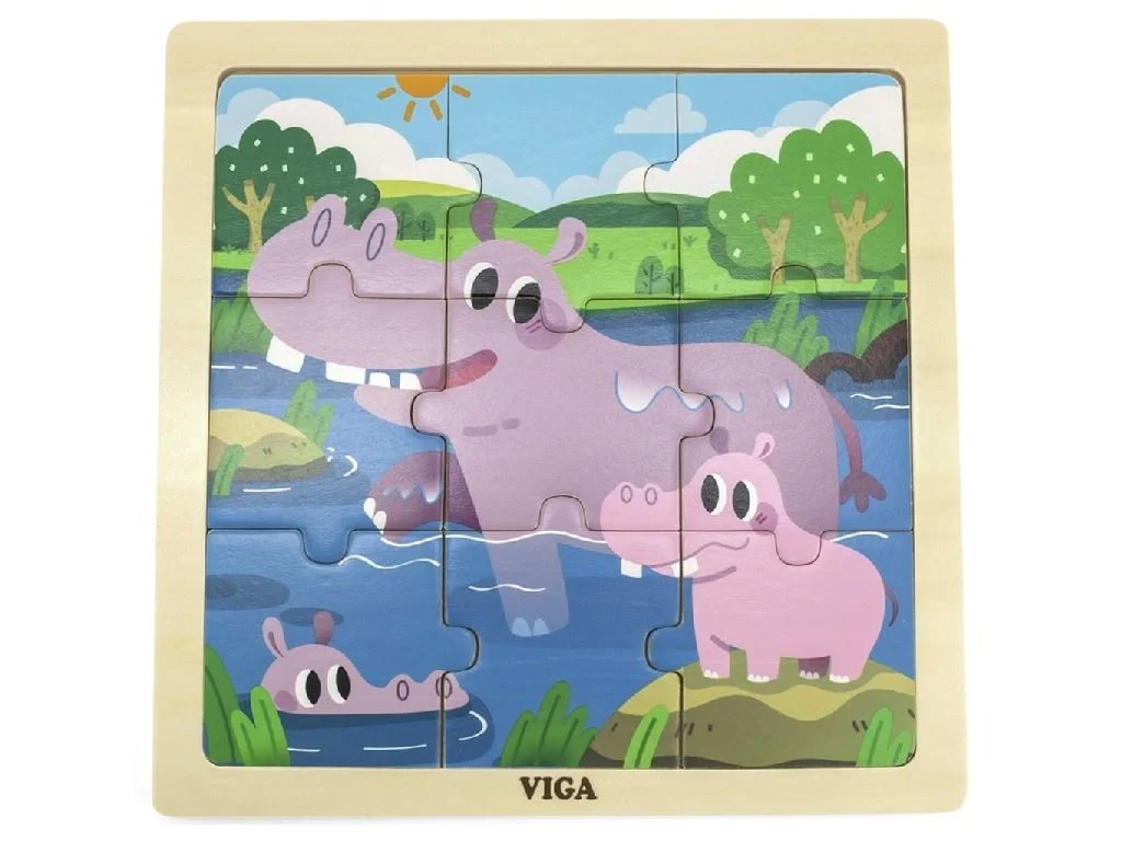 Puzzle din lemn Viga Toys - Mama hiopotam si puiul ei, 9 piese