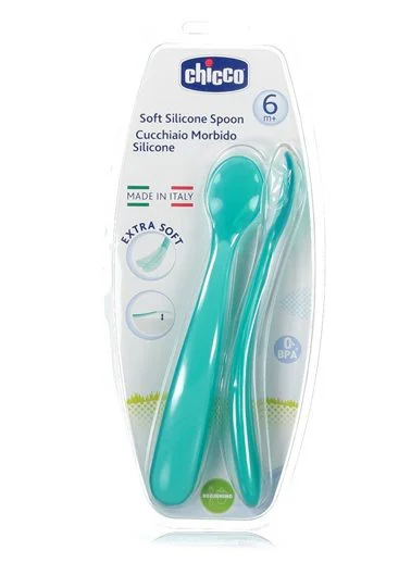 Lingurite Chicco din silicon moale Blue (6+ luni), 2 buc.