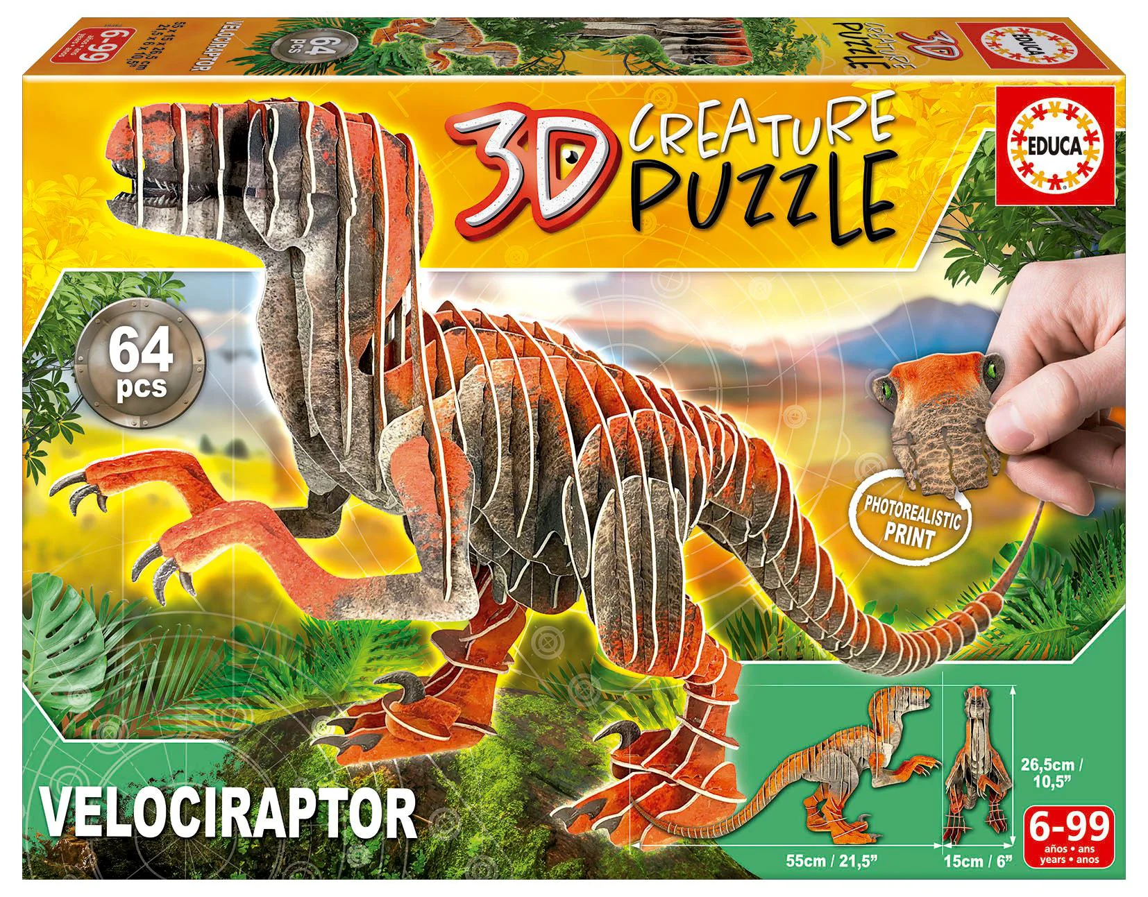 Puzzle Educa Velociraptor 3D Creatura, 64 piese
