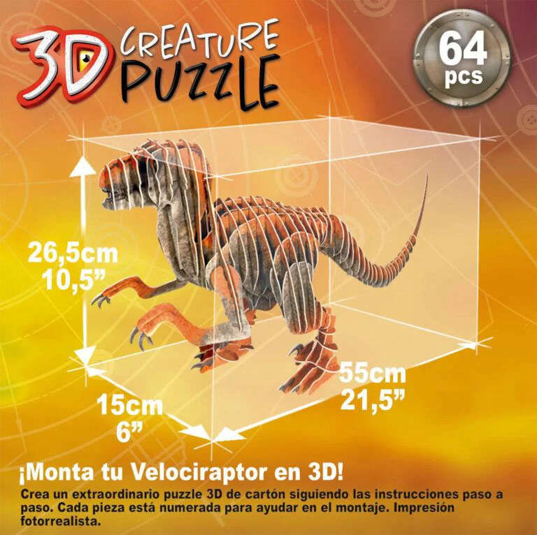 Puzzle Educa Velociraptor 3D Creatura, 64 piese