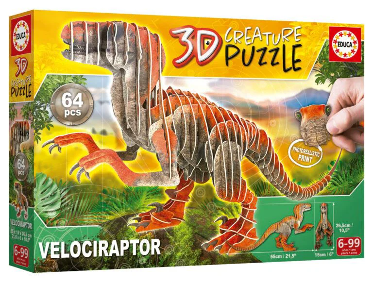 Puzzle Educa Velociraptor 3D Creatura, 64 piese