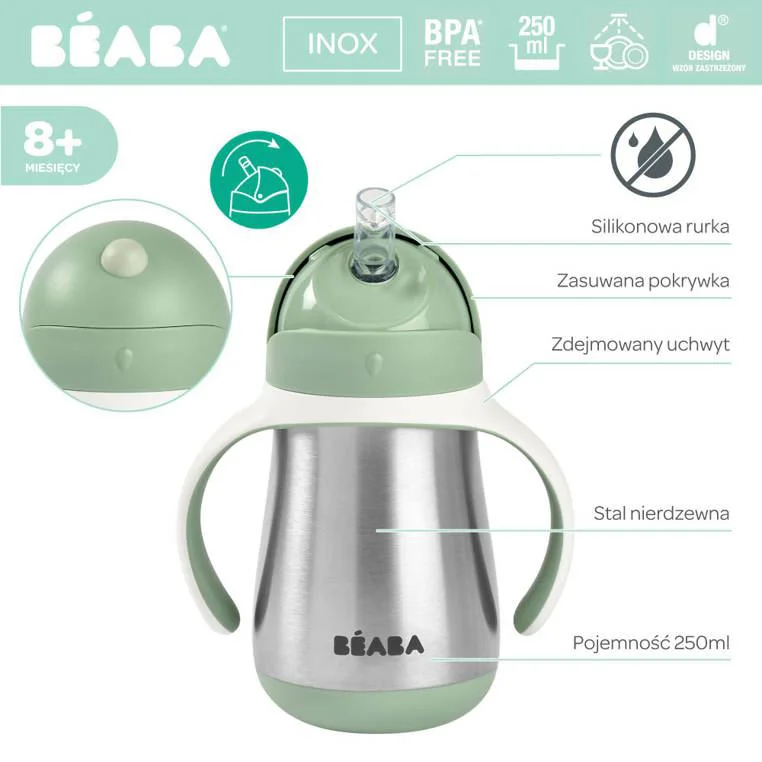 Бутылочка из нержавеющей стали Beaba Sage Green с трубочкой, 250 мл