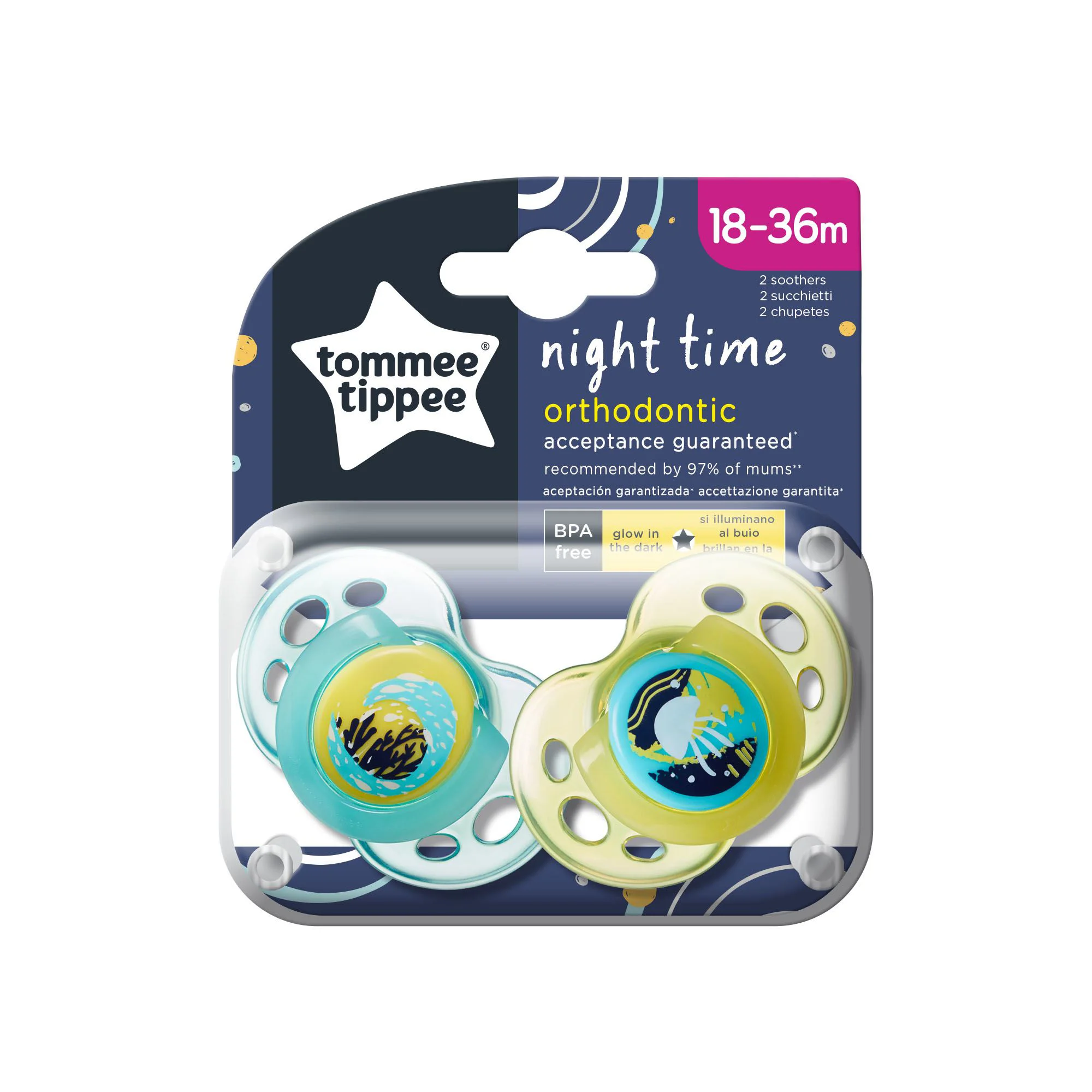 Пустышка ортодонтическая ночная силиконовая Tommee Tippee Медуза (18-36 мес.), 2 шт.