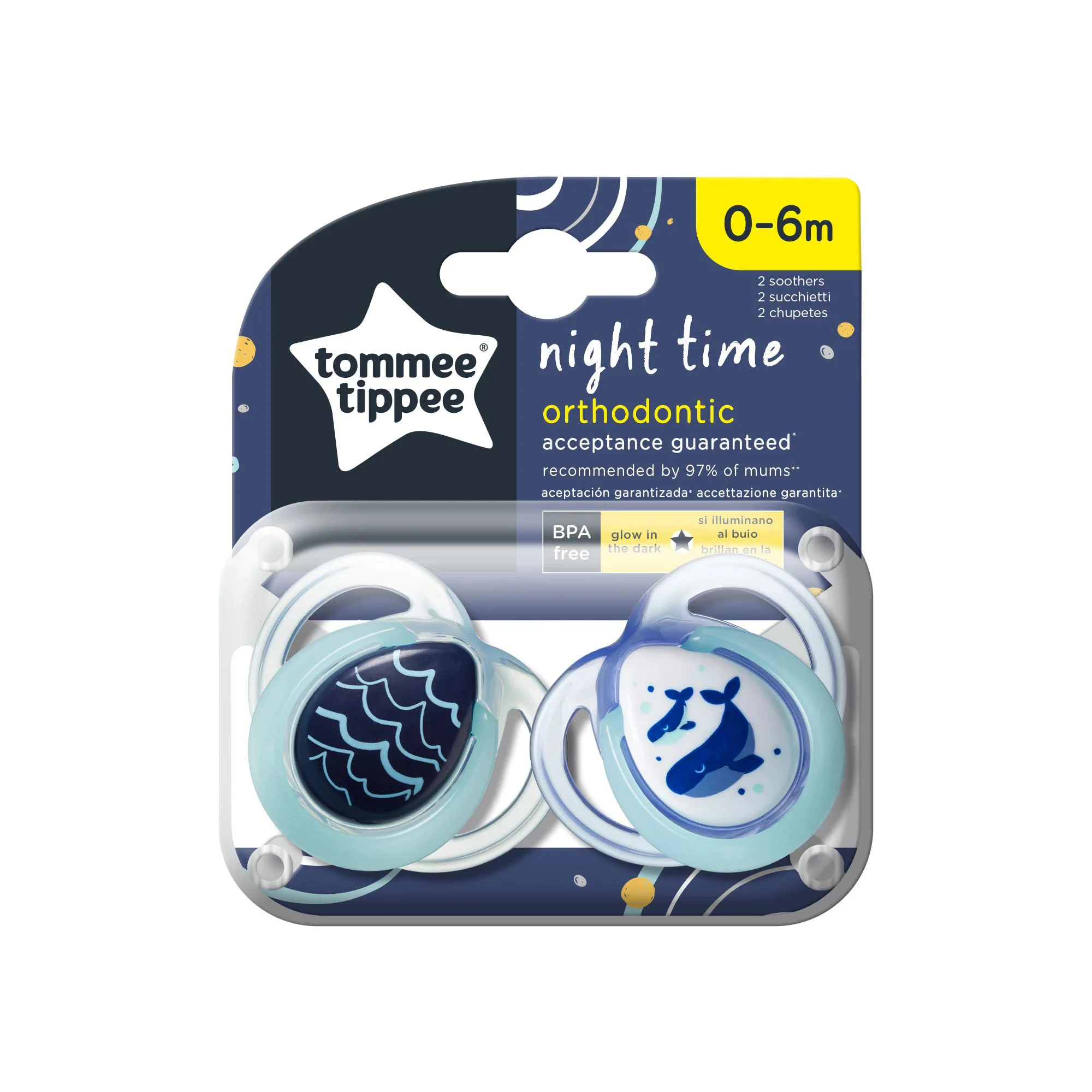 Пустышка ортодонтическая силиконовая Tommee Tippee ночная (0-6 мес), 2 шт.