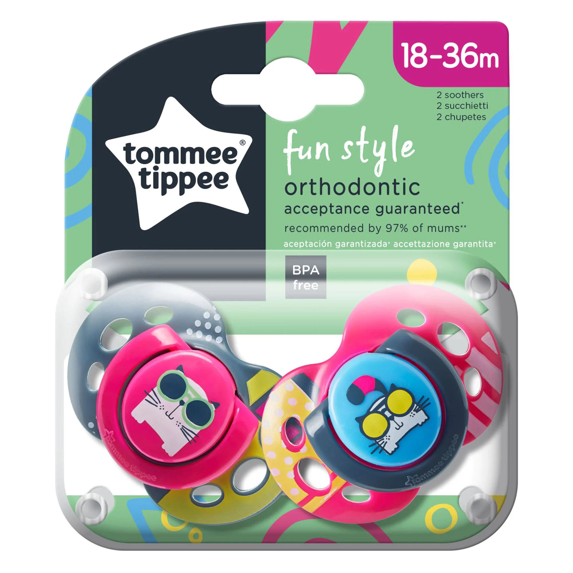 Suzeta ortodontica din silicon Tommee Tippee Fun Style Pisica (18-36 luni), 2 buc. foto