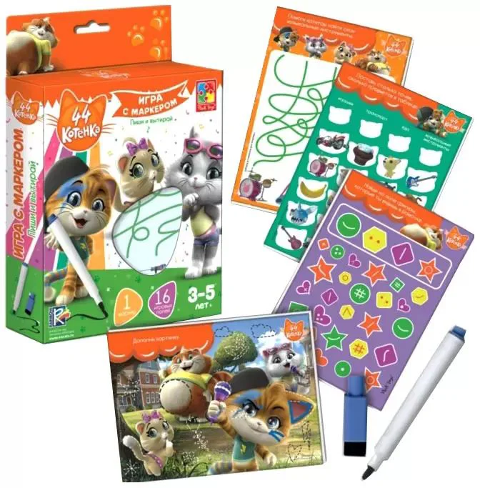 Joc educativ Vladi Toys Scrie si sterge cu marker, 44 Pisoi