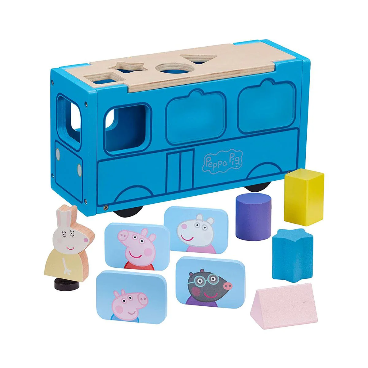 Set de joaca din lemn Peppa Pig Autobuz-Sorter cu accesorii si figurina