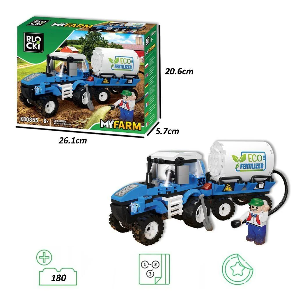 Set de constructie Blocki MyFarm Tractor cu rezervor de ingrasaminte