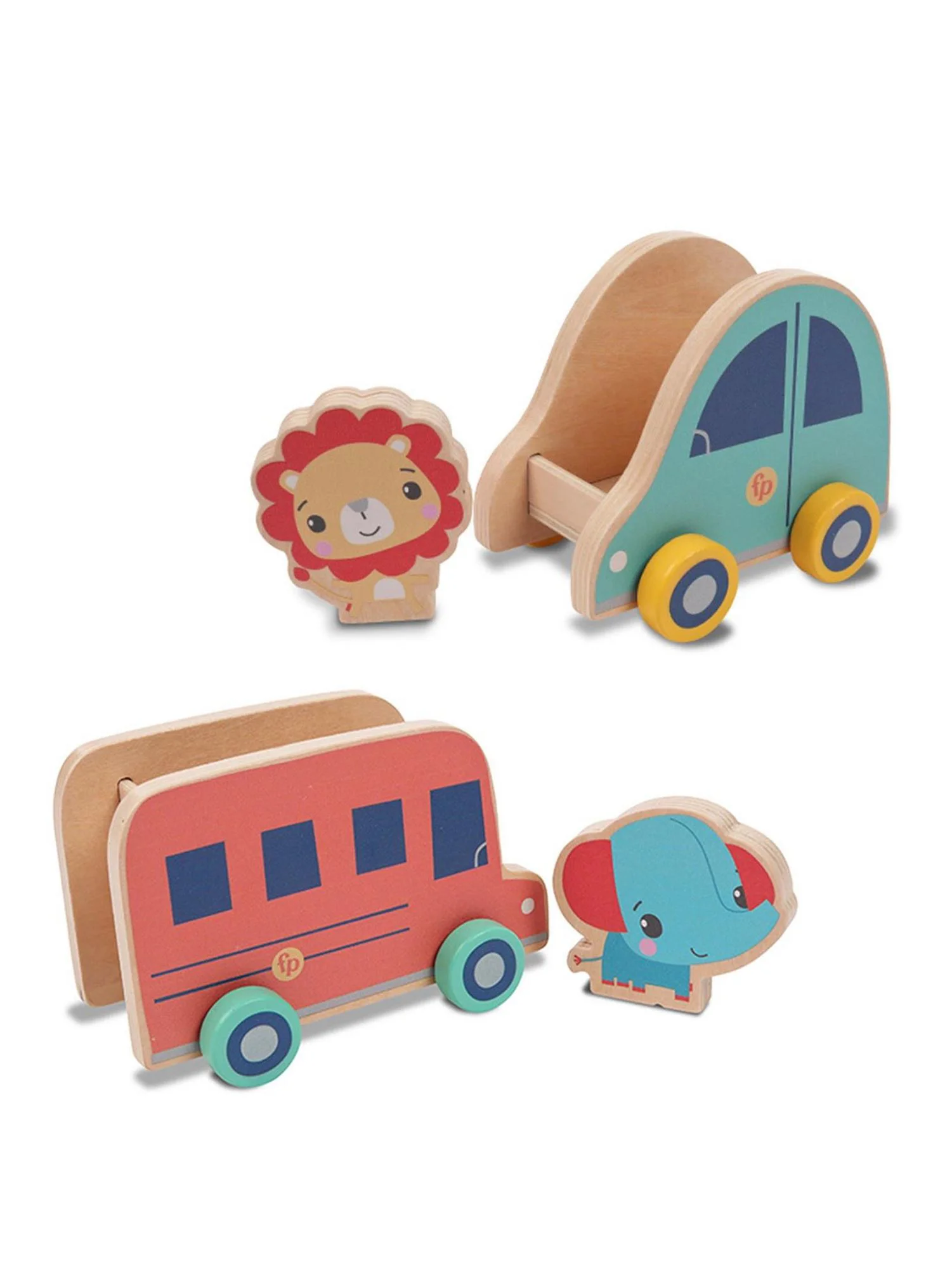 Set de joaca din lemn Fisher-Price cu 3 masinute si 3 animale