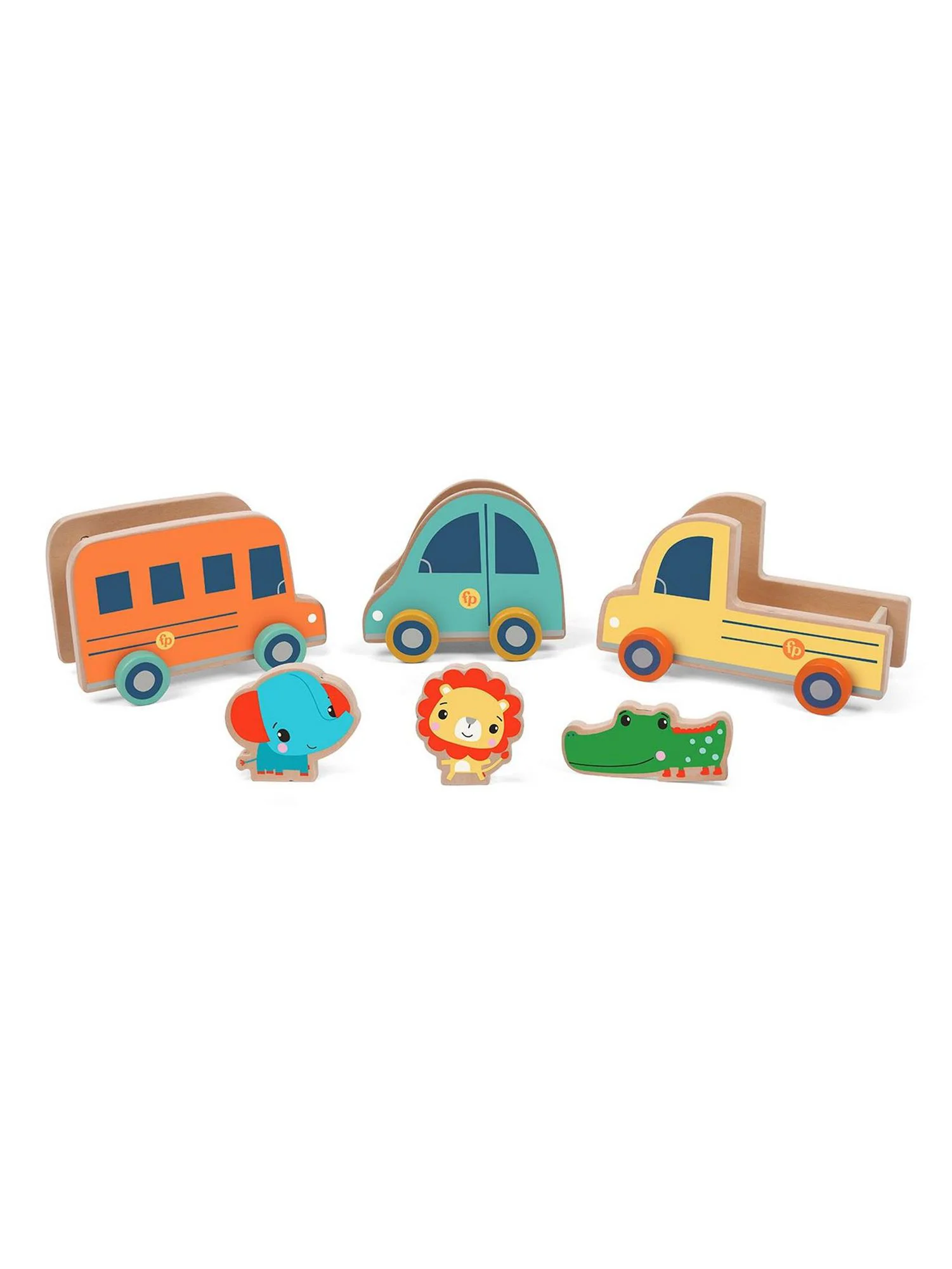 Set de joaca din lemn Fisher-Price cu 3 masinute si 3 animale