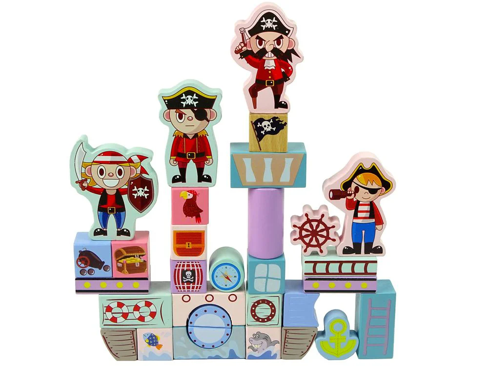 Set de blocuri din lemn si puzzle Lean Toys Corabia piratilor, 46 el.