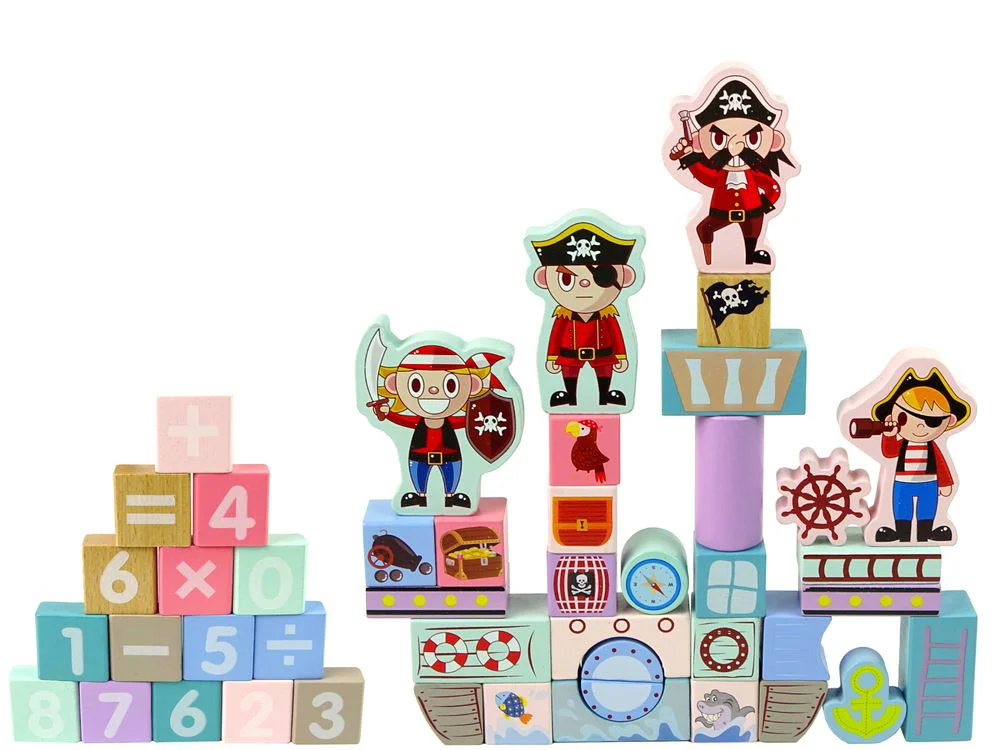 Set de blocuri din lemn si puzzle Lean Toys Corabia piratilor, 46 el.