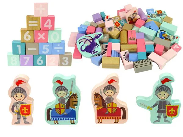 Set de blocuri din lemn si puzzle Lean Toys Castelul Dragonului, 66 el.