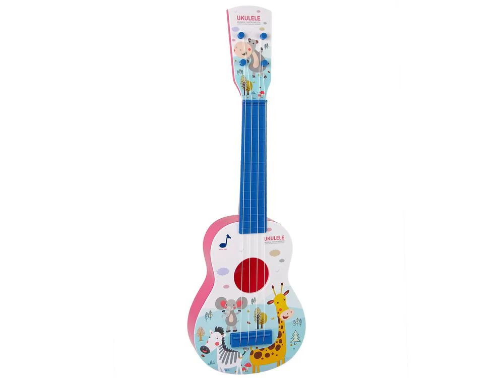 Chitara de jucarie Lean Toys Ukulele roz cu imagini de animale