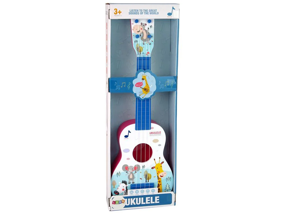 Chitara de jucarie Lean Toys Ukulele roz cu imagini de animale