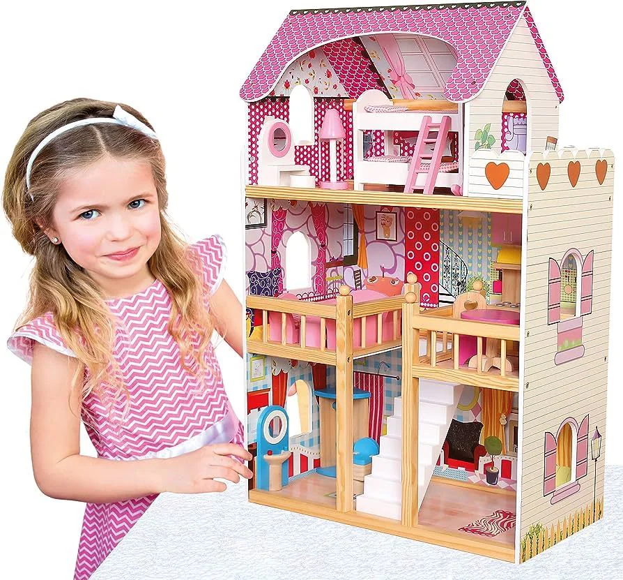 Casuta de papusi din lemn Bino cu mobilier (17 accesorii), 60x90x30 cm