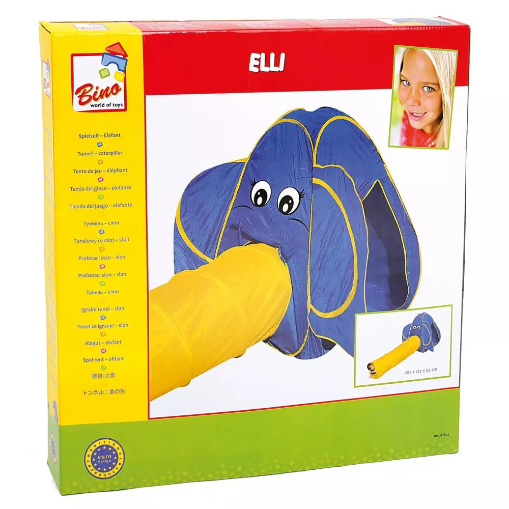 Tunel+Cort de joaca Bino Elefant, Albastru-galben, 287x94x122 cm