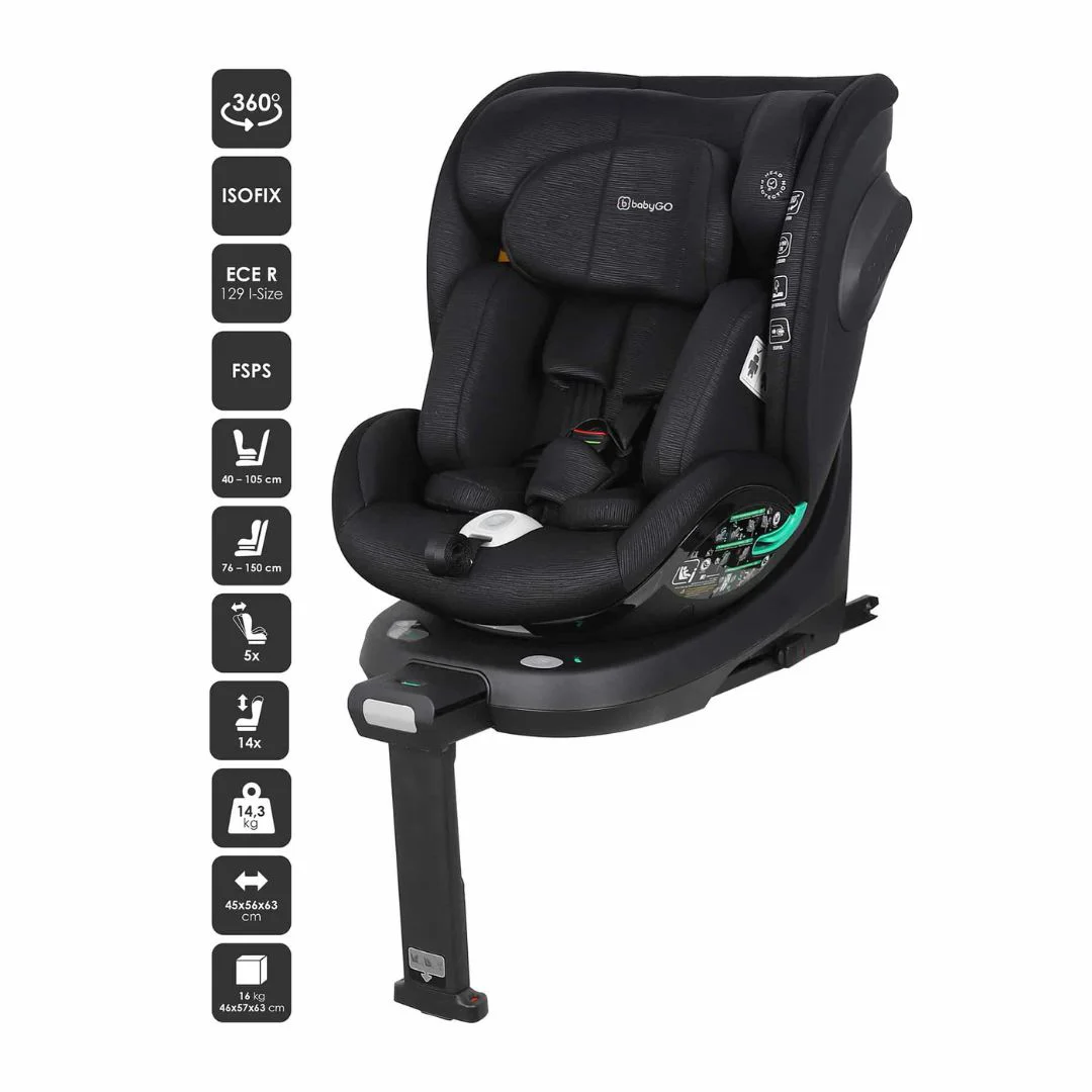 Scaun auto rotativ cu isofix BabyGo Prime Black, 40-150 cm, certificat R129