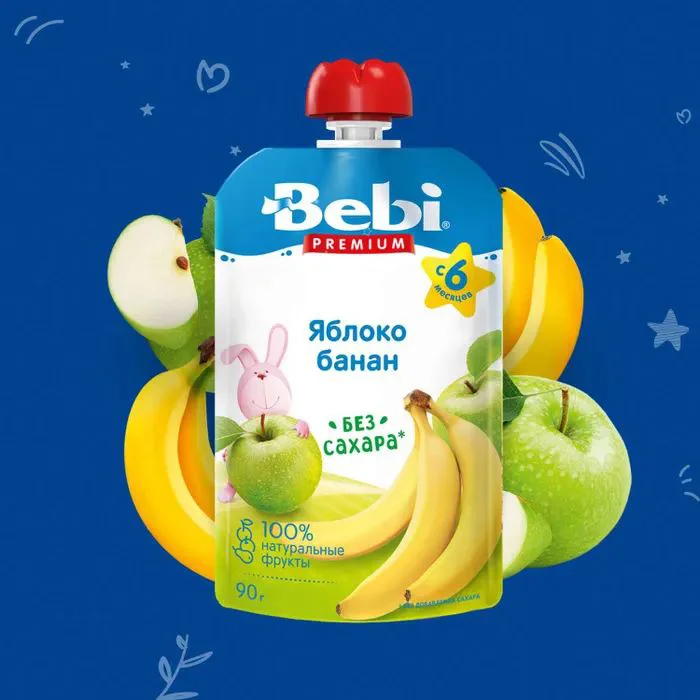 Пюре Bebi Premium яблоко-банан (6+мес), 90г