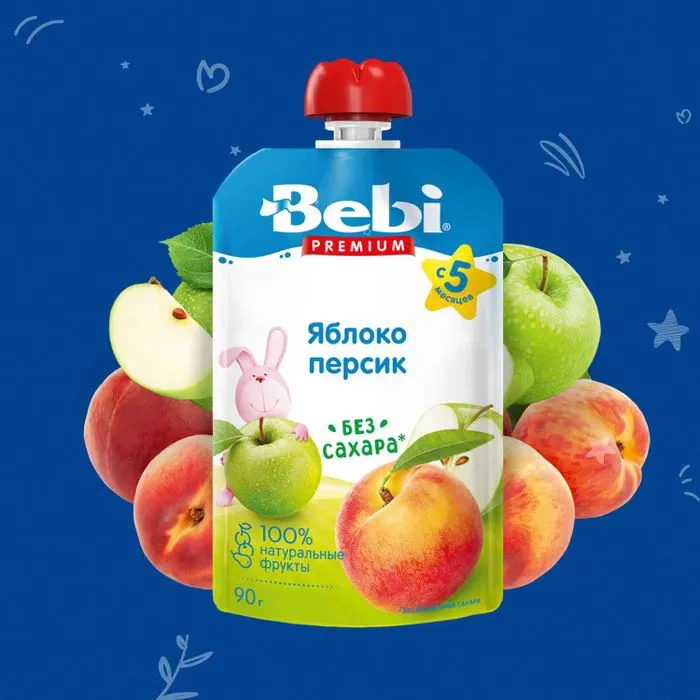 Пюре Bebi Premium яблоко-персик (5+мес), 90г