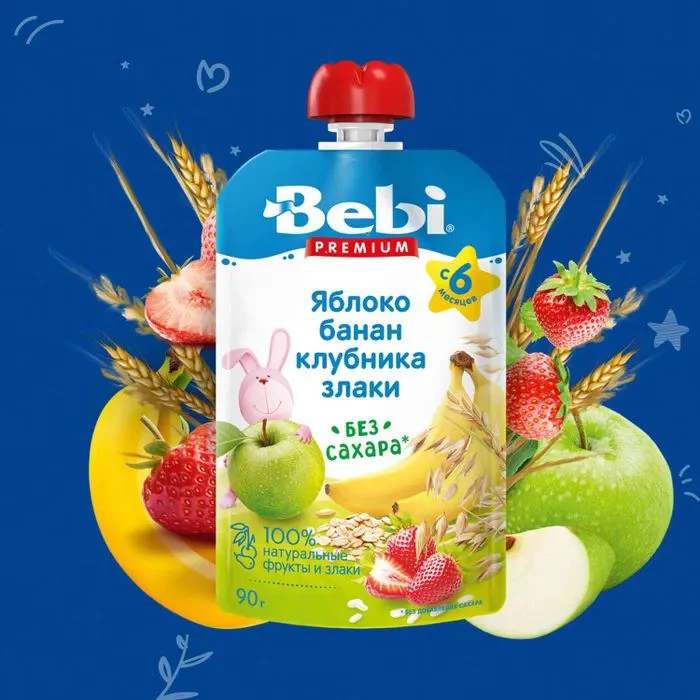 Пюре Bebi Premium яблоко-банан-клубника-злаки (6+меc), 90г